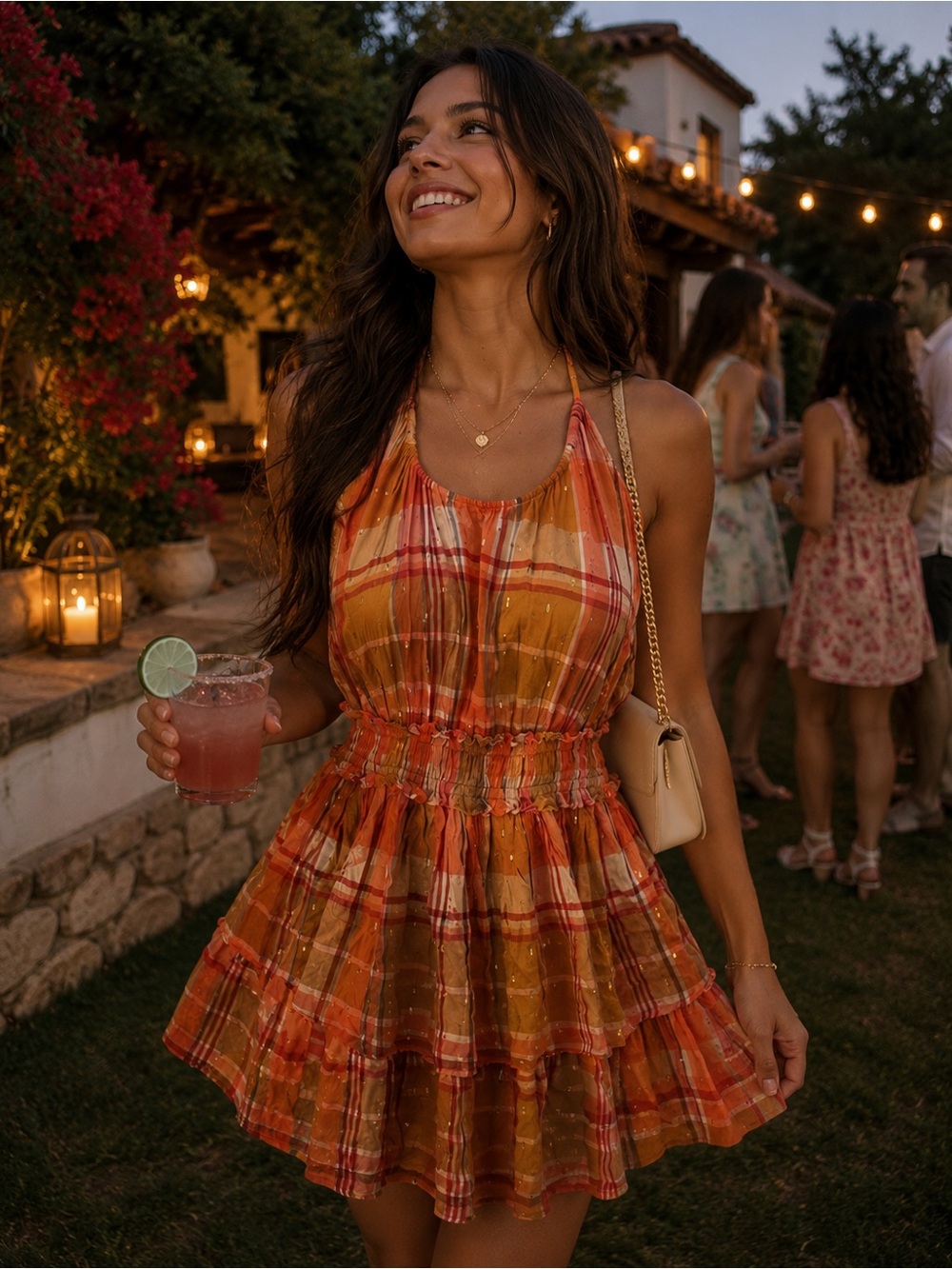 Aerie Plaid Ruffle Halter Mini Dress Y2K Preppy Boho